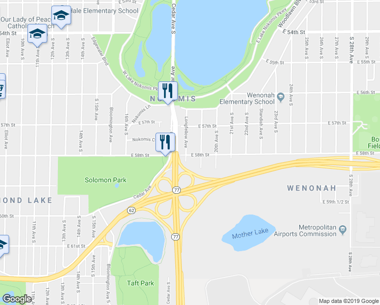 map of restaurants, bars, coffee shops, grocery stores, and more near 5753 Longfellow Avenue in Minneapolis