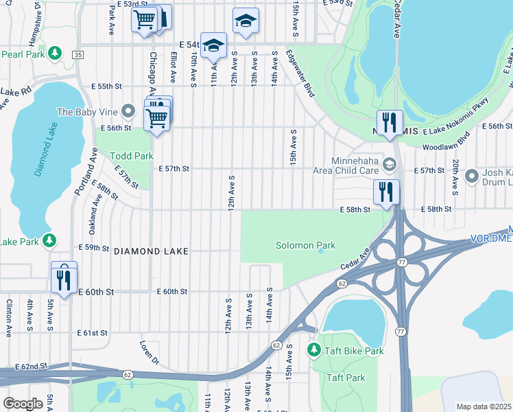 map of restaurants, bars, coffee shops, grocery stores, and more near 5745 13th Avenue South in Minneapolis
