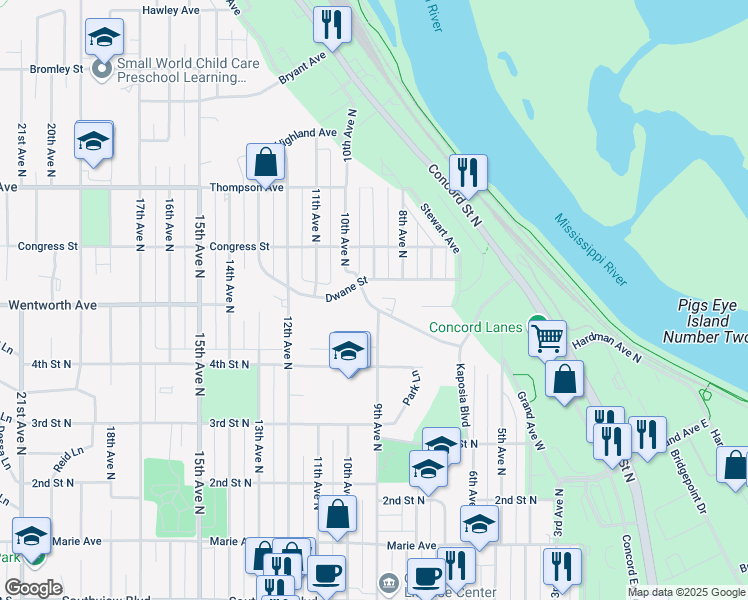 map of restaurants, bars, coffee shops, grocery stores, and more near 844 Wentworth Avenue in South Saint Paul