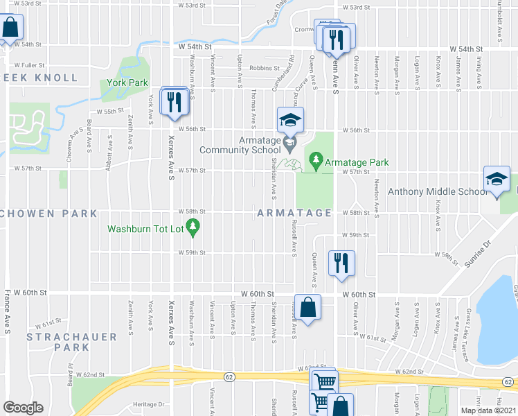 map of restaurants, bars, coffee shops, grocery stores, and more near 2620 West 58th Street in Minneapolis