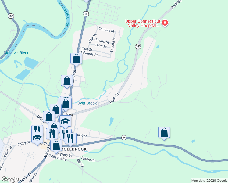 map of restaurants, bars, coffee shops, grocery stores, and more near 30 Pine Street in Colebrook