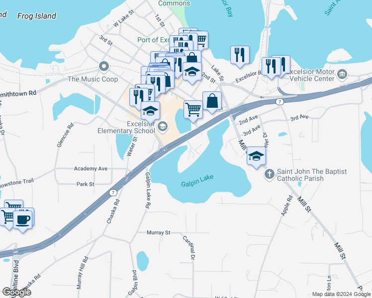 map of restaurants, bars, coffee shops, grocery stores, and more near 520 Linden Street in Excelsior