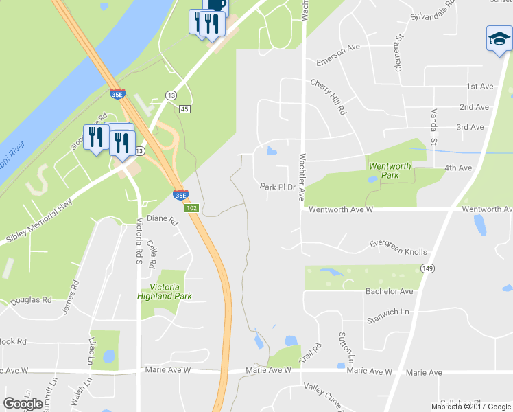 map of restaurants, bars, coffee shops, grocery stores, and more near 1579 Boardwalk Court in Mendota Heights