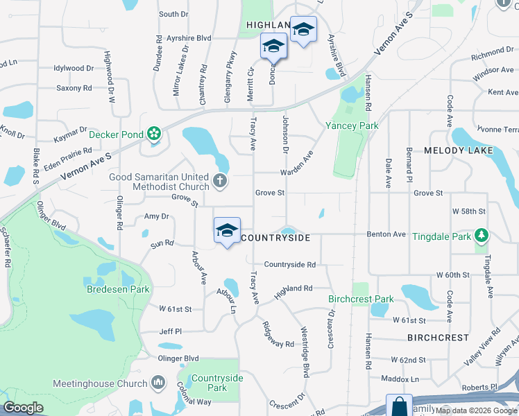 map of restaurants, bars, coffee shops, grocery stores, and more near 5813 Tracy Avenue in Minneapolis