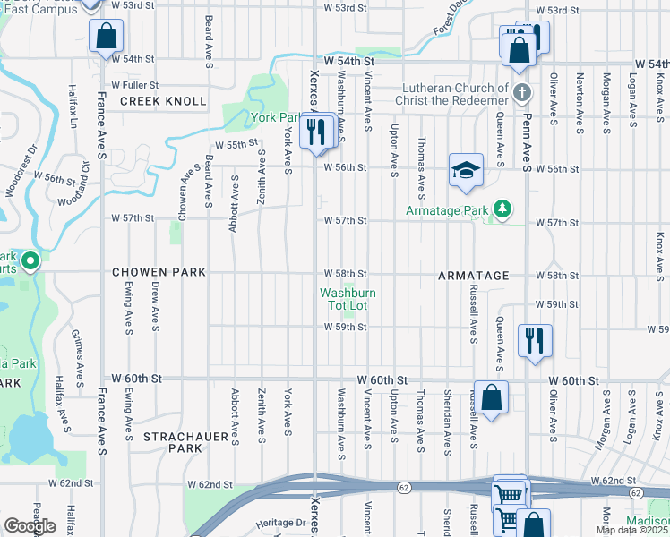 map of restaurants, bars, coffee shops, grocery stores, and more near 5756 Washburn Avenue South in Minneapolis