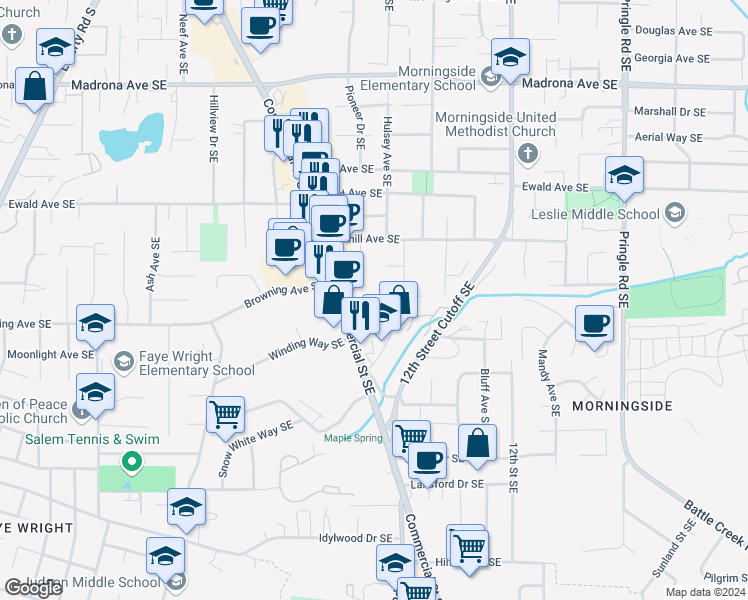 map of restaurants, bars, coffee shops, grocery stores, and more near 890 Huron Court Southeast in Salem