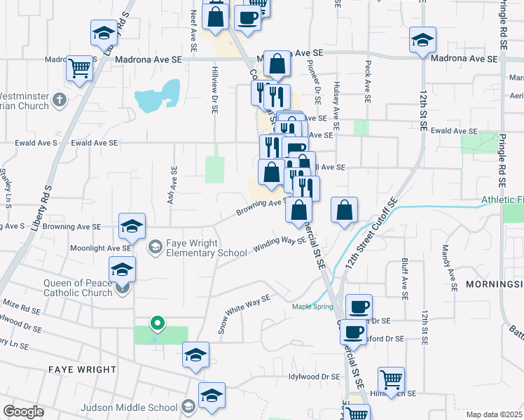 map of restaurants, bars, coffee shops, grocery stores, and more near 736 Browning Avenue Southeast in Salem