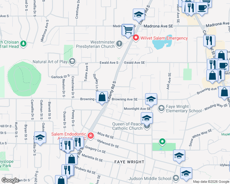 map of restaurants, bars, coffee shops, grocery stores, and more near 3980 Liberty Road South in Salem