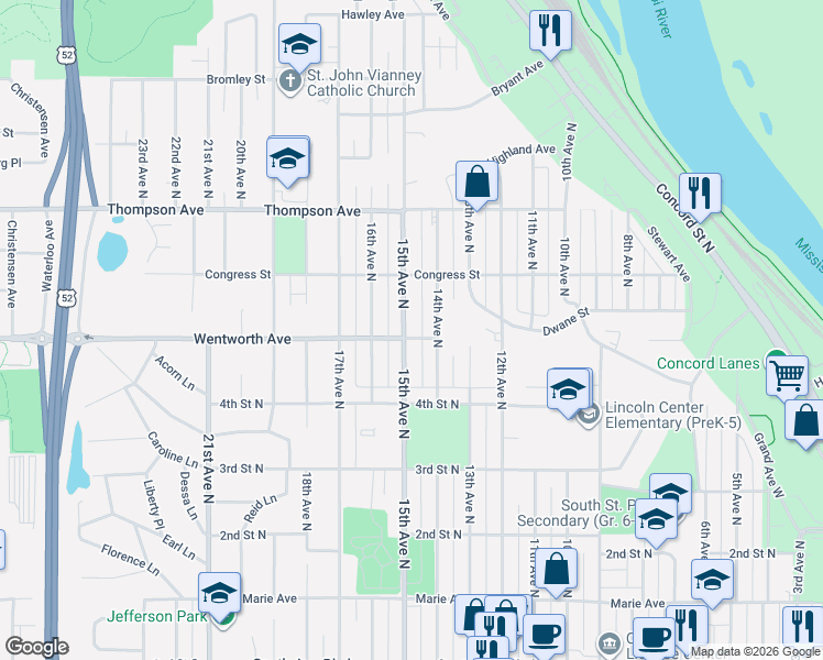 map of restaurants, bars, coffee shops, grocery stores, and more near 504 15th Avenue North in South Saint Paul