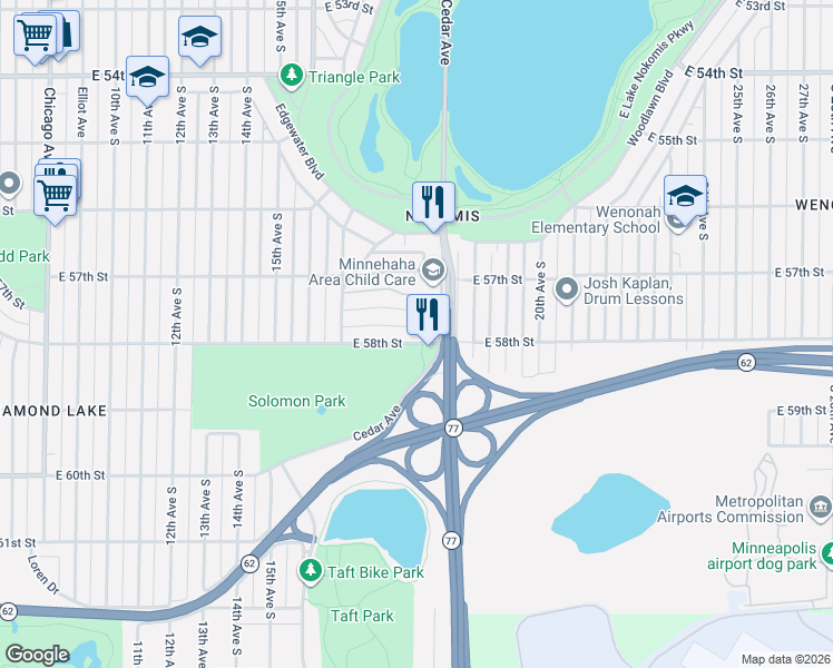 map of restaurants, bars, coffee shops, grocery stores, and more near 1712 East 58th Street in Minneapolis