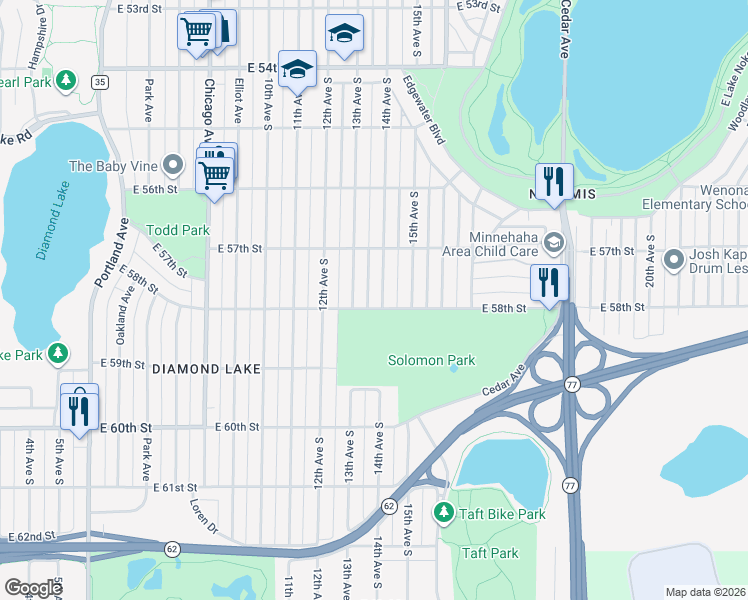 map of restaurants, bars, coffee shops, grocery stores, and more near 5800 14th Avenue South in Minneapolis