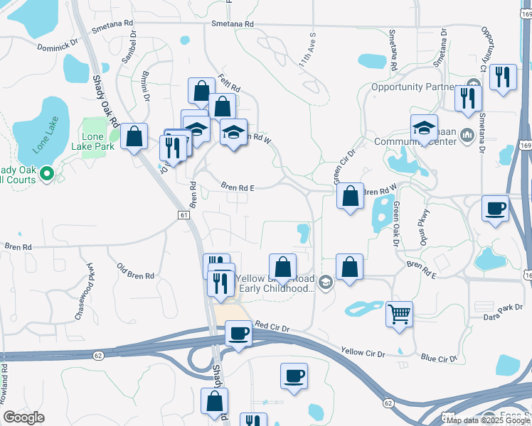 map of restaurants, bars, coffee shops, grocery stores, and more near 10949 Bren Road East in Minnetonka