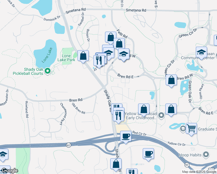 map of restaurants, bars, coffee shops, grocery stores, and more near 11120 Abbott Lane in Hopkins