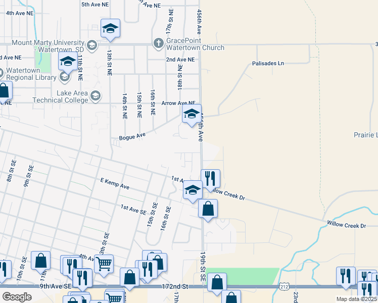 map of restaurants, bars, coffee shops, grocery stores, and more near 1825 Westminster Avenue North in Watertown