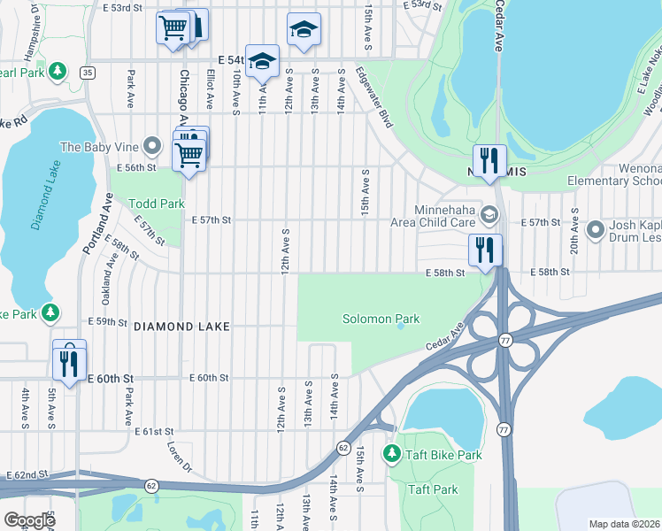 map of restaurants, bars, coffee shops, grocery stores, and more near 5800 14th Avenue South in Minneapolis