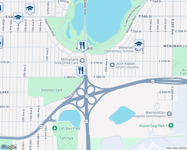 map of restaurants, bars, coffee shops, grocery stores, and more near 5753 Longfellow Avenue in Minneapolis