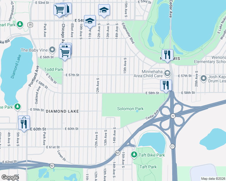 map of restaurants, bars, coffee shops, grocery stores, and more near 5800 14th Avenue South in Minneapolis