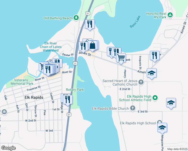 map of restaurants, bars, coffee shops, grocery stores, and more near 120 Mitchell Drive in Elk Rapids