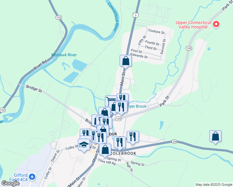 map of restaurants, bars, coffee shops, grocery stores, and more near 177 Main Street in Colebrook
