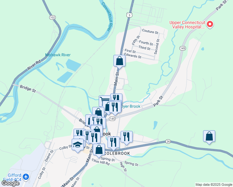 map of restaurants, bars, coffee shops, grocery stores, and more near 177 Main Street in Colebrook