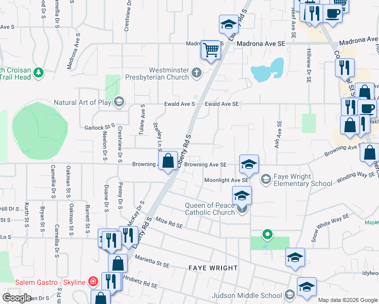 map of restaurants, bars, coffee shops, grocery stores, and more near 3980 Liberty Road South in Salem