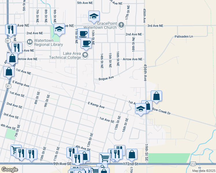 map of restaurants, bars, coffee shops, grocery stores, and more near 101 16th Street Northeast in Watertown