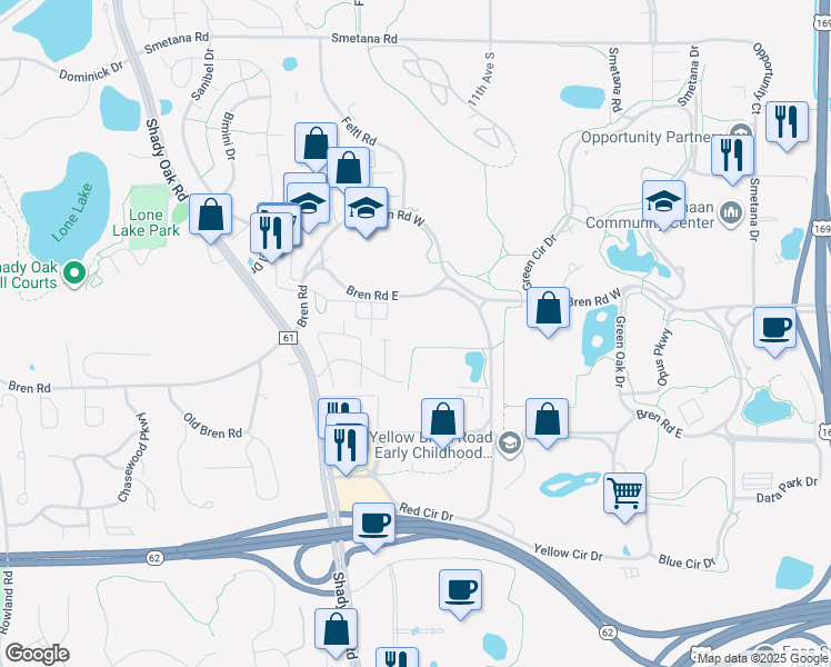map of restaurants, bars, coffee shops, grocery stores, and more near 10949 Bren Road East in Minnetonka
