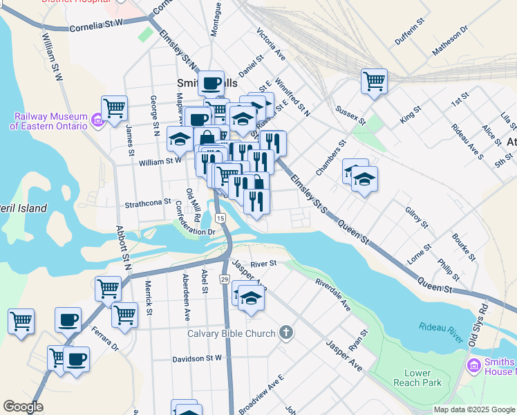 map of restaurants, bars, coffee shops, grocery stores, and more near in Smiths Falls