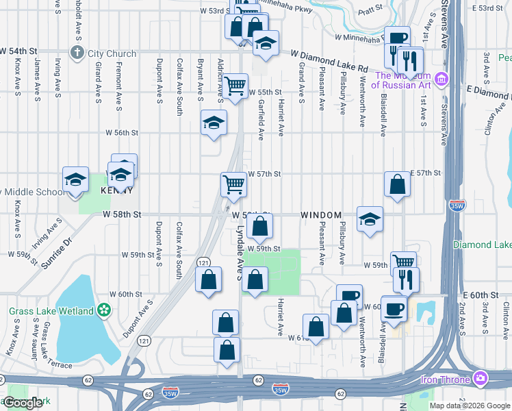 map of restaurants, bars, coffee shops, grocery stores, and more near 616 West 58th Street in Minneapolis