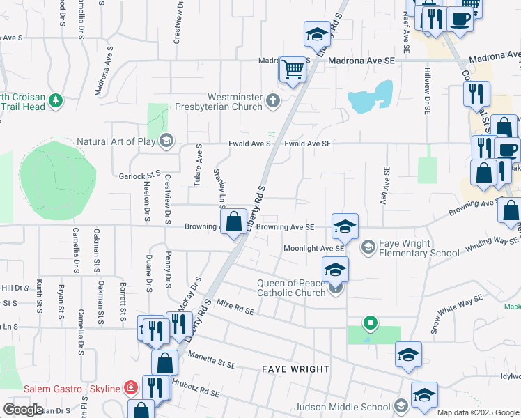 map of restaurants, bars, coffee shops, grocery stores, and more near 3980 Liberty Road South in Salem