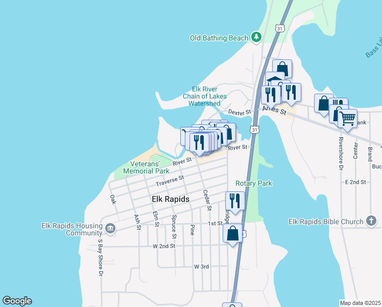 map of restaurants, bars, coffee shops, grocery stores, and more near 204 River Street in Elk Rapids