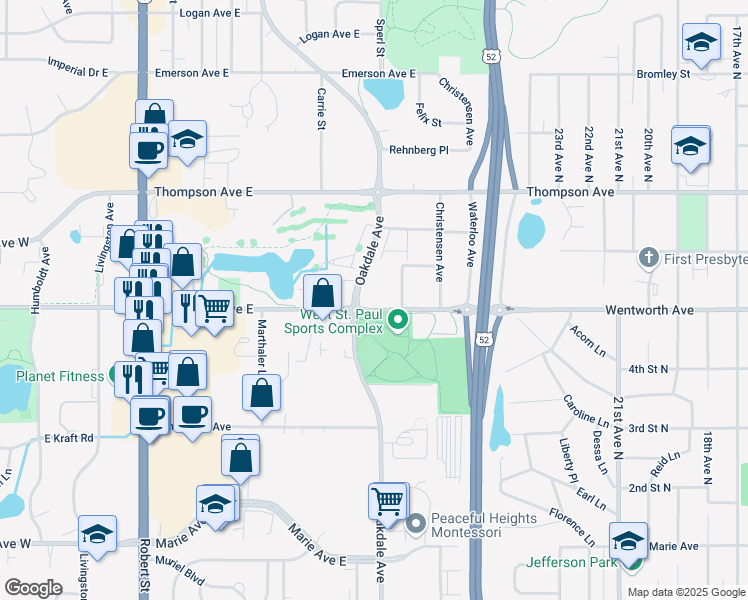map of restaurants, bars, coffee shops, grocery stores, and more near 339 Wentworth Avenue East in Saint Paul