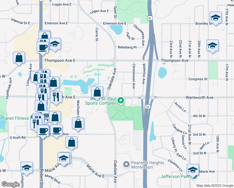 map of restaurants, bars, coffee shops, grocery stores, and more near 339 Wentworth Avenue East in Saint Paul