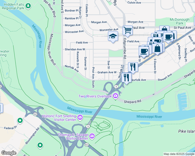 map of restaurants, bars, coffee shops, grocery stores, and more near 1920 Norfolk Avenue in Saint Paul