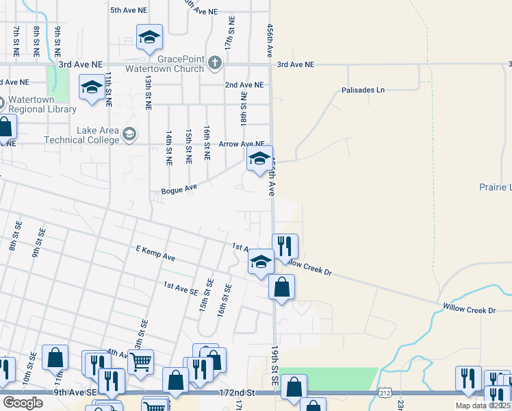 map of restaurants, bars, coffee shops, grocery stores, and more near 1845 Westminster Avenue North in Watertown