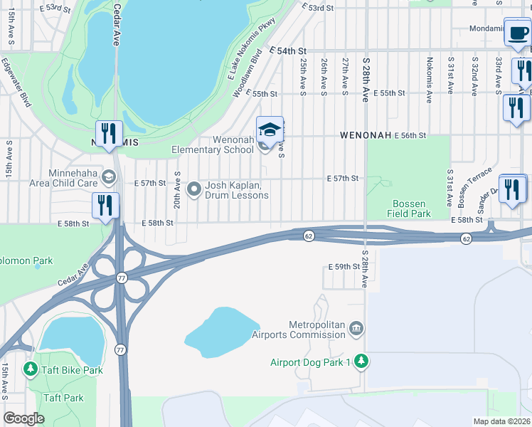 map of restaurants, bars, coffee shops, grocery stores, and more near 5801 23rd Avenue South in Minneapolis
