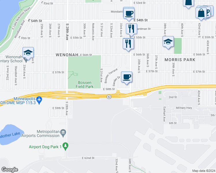 map of restaurants, bars, coffee shops, grocery stores, and more near 3114 East 58th Street in Minneapolis