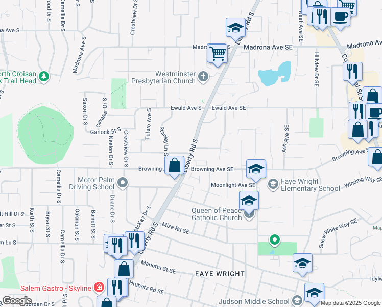 map of restaurants, bars, coffee shops, grocery stores, and more near 3962 Liberty Road South in Salem
