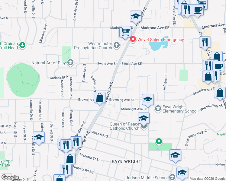 map of restaurants, bars, coffee shops, grocery stores, and more near 3980 Liberty Road South in Salem