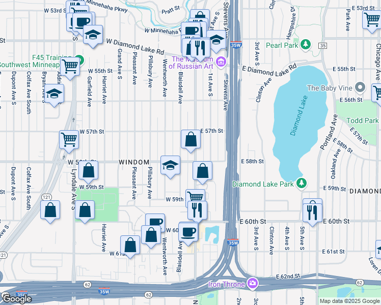 map of restaurants, bars, coffee shops, grocery stores, and more near 5751 Blaisdell Avenue in Minneapolis