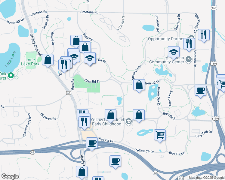 map of restaurants, bars, coffee shops, grocery stores, and more near 10901 Bren Road East in Hopkins