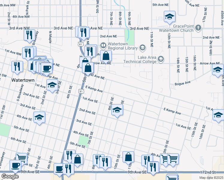 map of restaurants, bars, coffee shops, grocery stores, and more near 700-798 East Kemp Avenue in Watertown