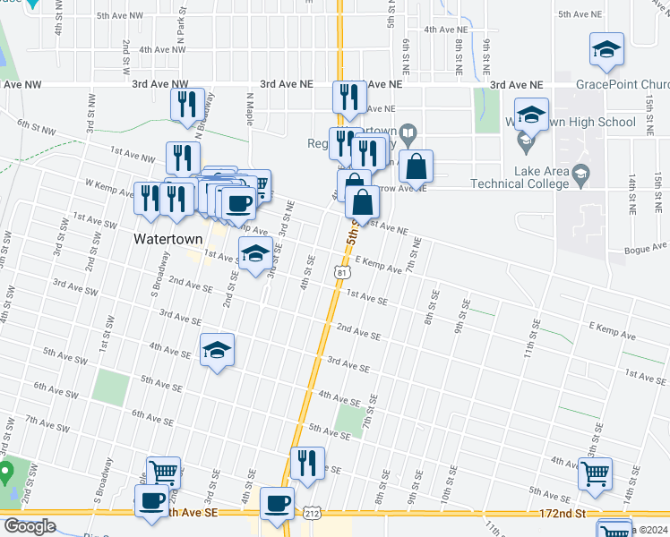 map of restaurants, bars, coffee shops, grocery stores, and more near 23 5th Street Southeast in Watertown