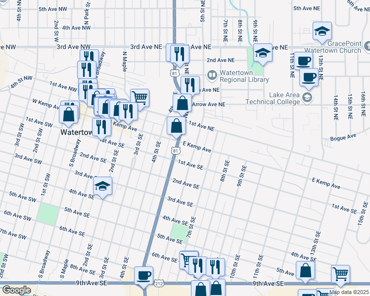 map of restaurants, bars, coffee shops, grocery stores, and more near 518 East Kemp Avenue in Watertown