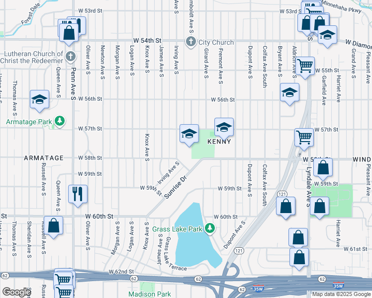 map of restaurants, bars, coffee shops, grocery stores, and more near 5757 Irving Avenue South in Minneapolis