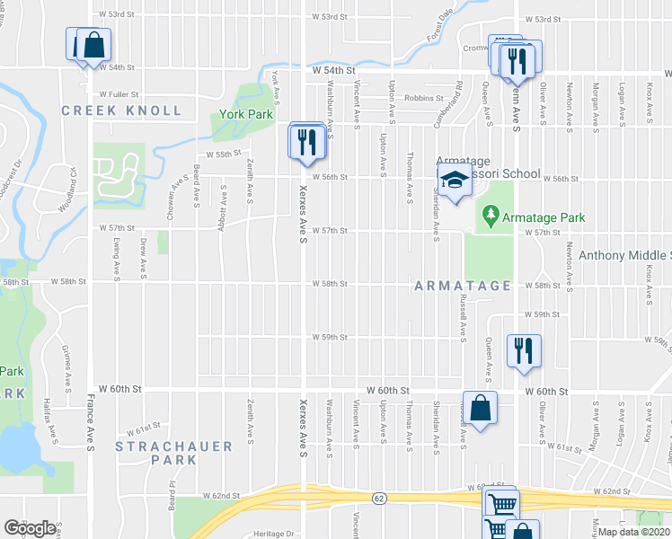 map of restaurants, bars, coffee shops, grocery stores, and more near 5745 Washburn Avenue South in Minneapolis