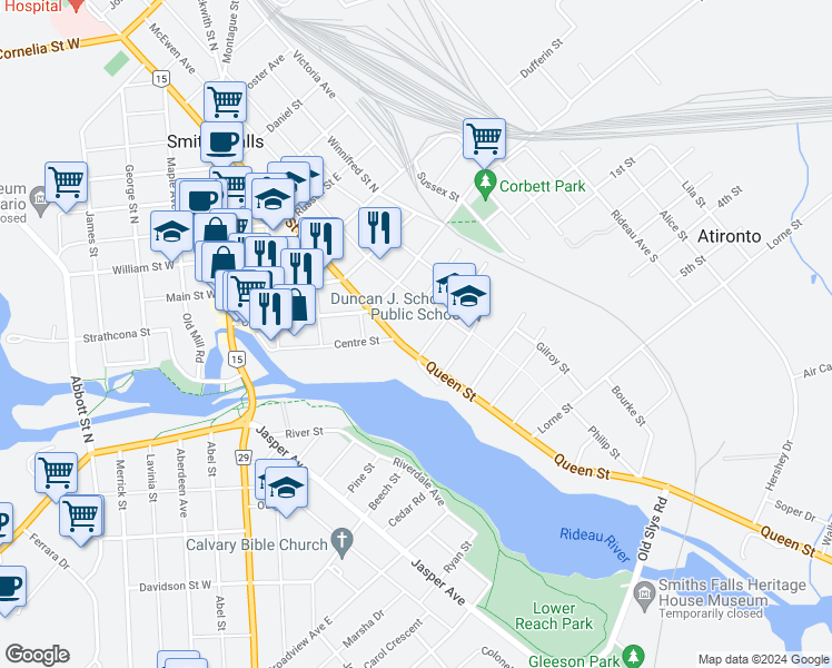 map of restaurants, bars, coffee shops, grocery stores, and more near 45 Elmsley Street South in Smiths Falls