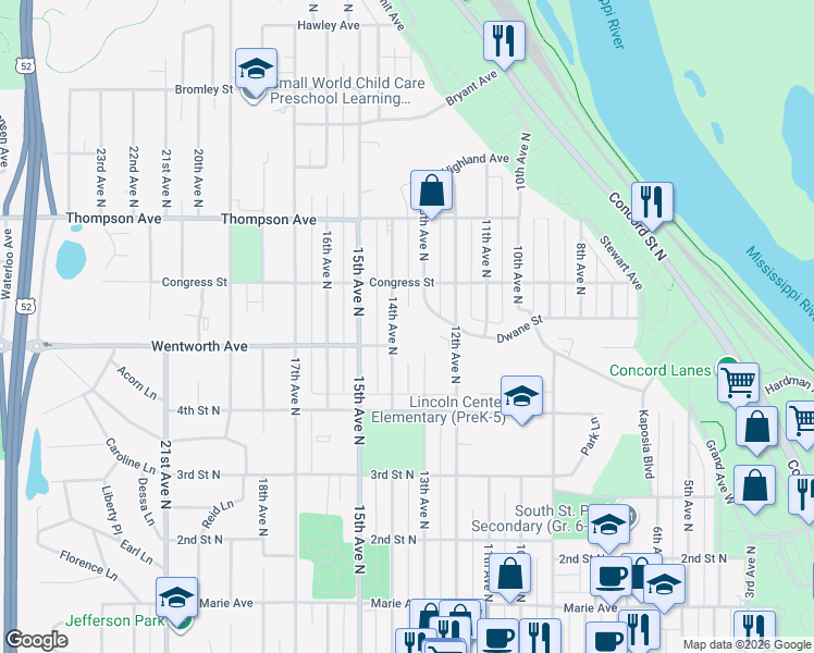 map of restaurants, bars, coffee shops, grocery stores, and more near 502 14th Avenue North in South Saint Paul