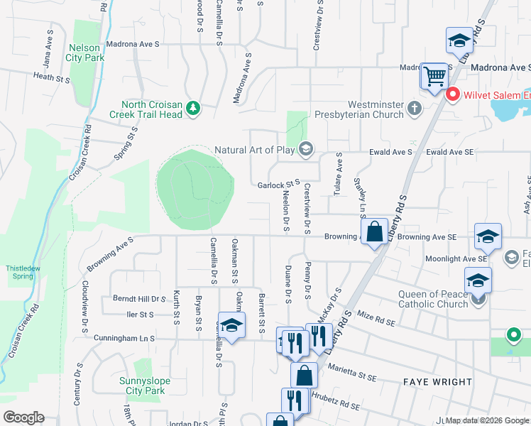 map of restaurants, bars, coffee shops, grocery stores, and more near 3988 Hertel Drive South in Salem