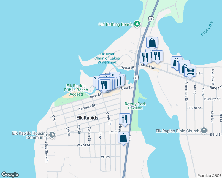 map of restaurants, bars, coffee shops, grocery stores, and more near 131 River Street in Elk Rapids